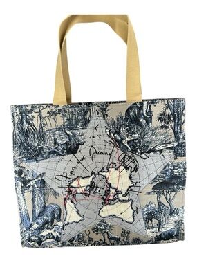 Straw Dior Tote Bag with World Map Star Print - Beige
